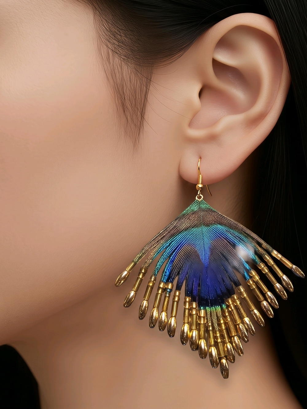 Gold and Blue Peacock Feather Drop Earrings for Women